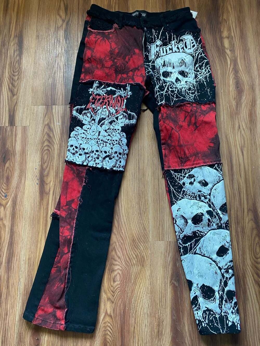 Current Mood Tie Dye Skull Printed Jeans - Red –